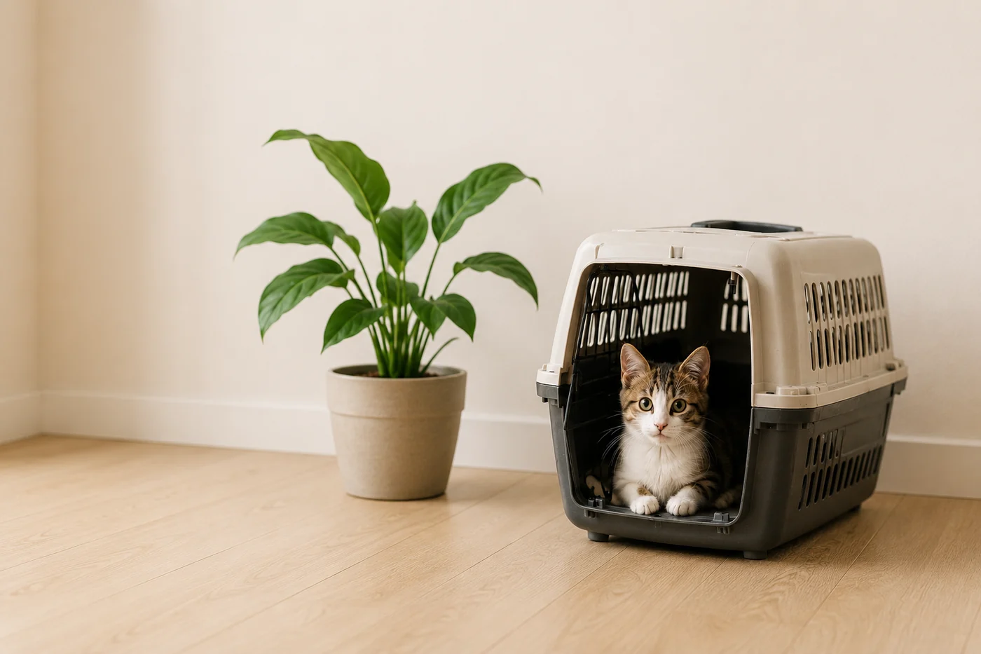 Cat in a carrier next to a houseplant